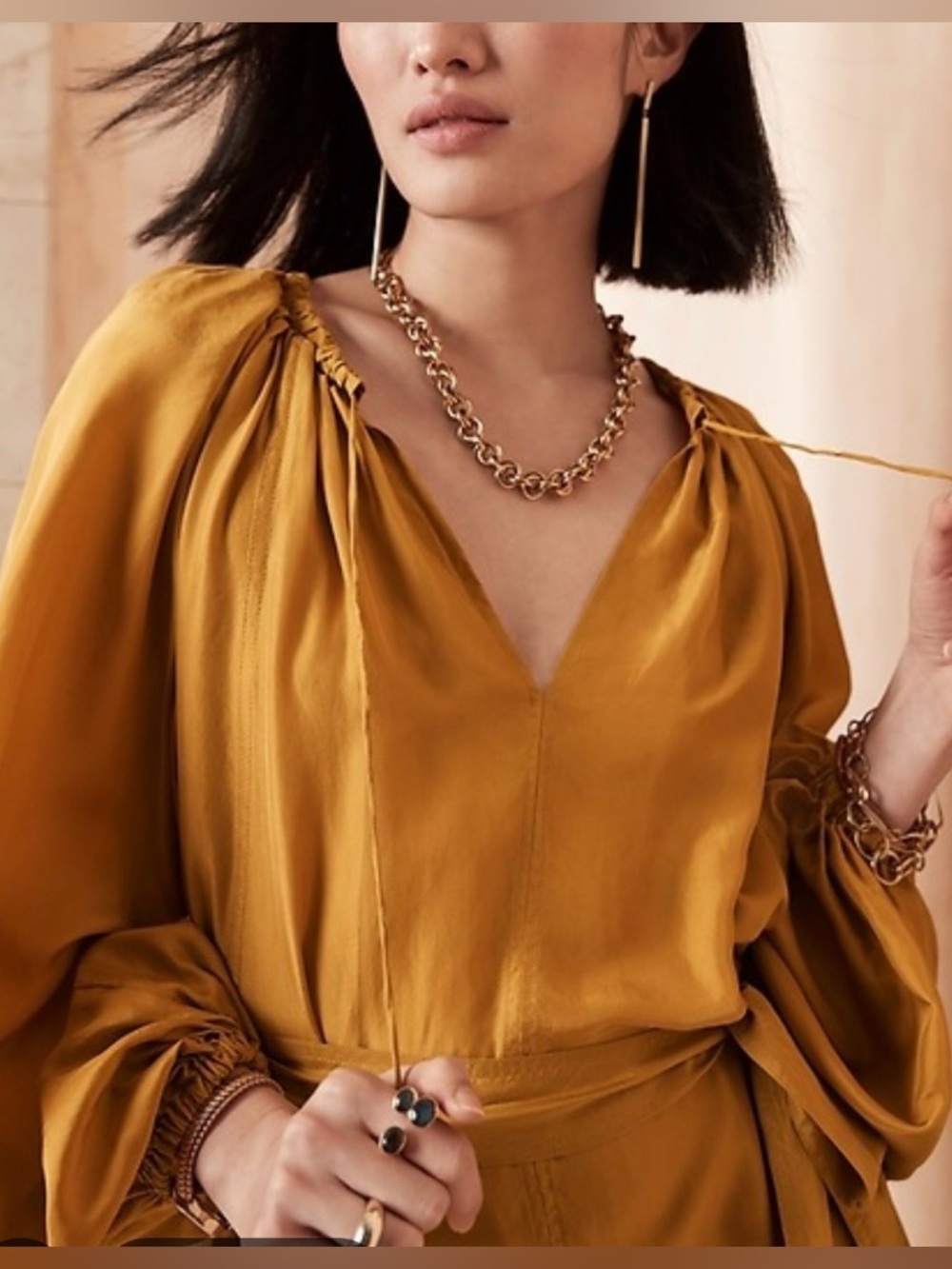 Banana Republic Silk Long-Sleeve Midi Dress Size Medium Petite Gold NWD - Picture 3 of 15